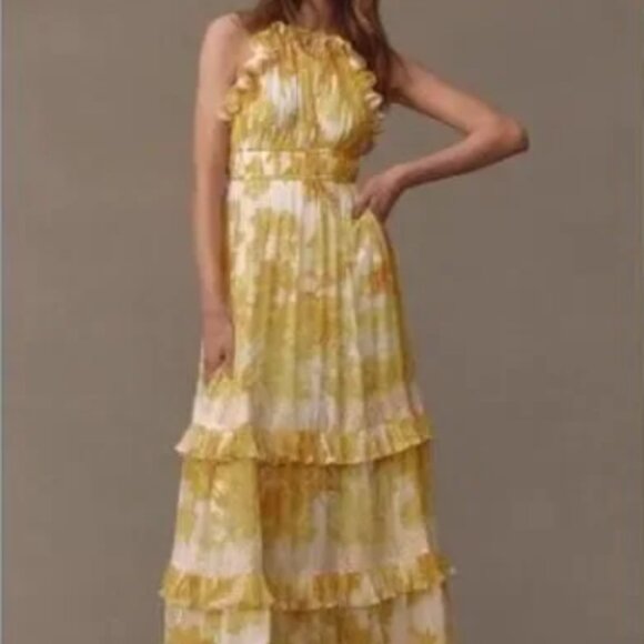 BHLDN Ava Chiffon Yellow Floral High-Neck Ruffled Maxi Dress - NWT! - Picture 2 of 10
